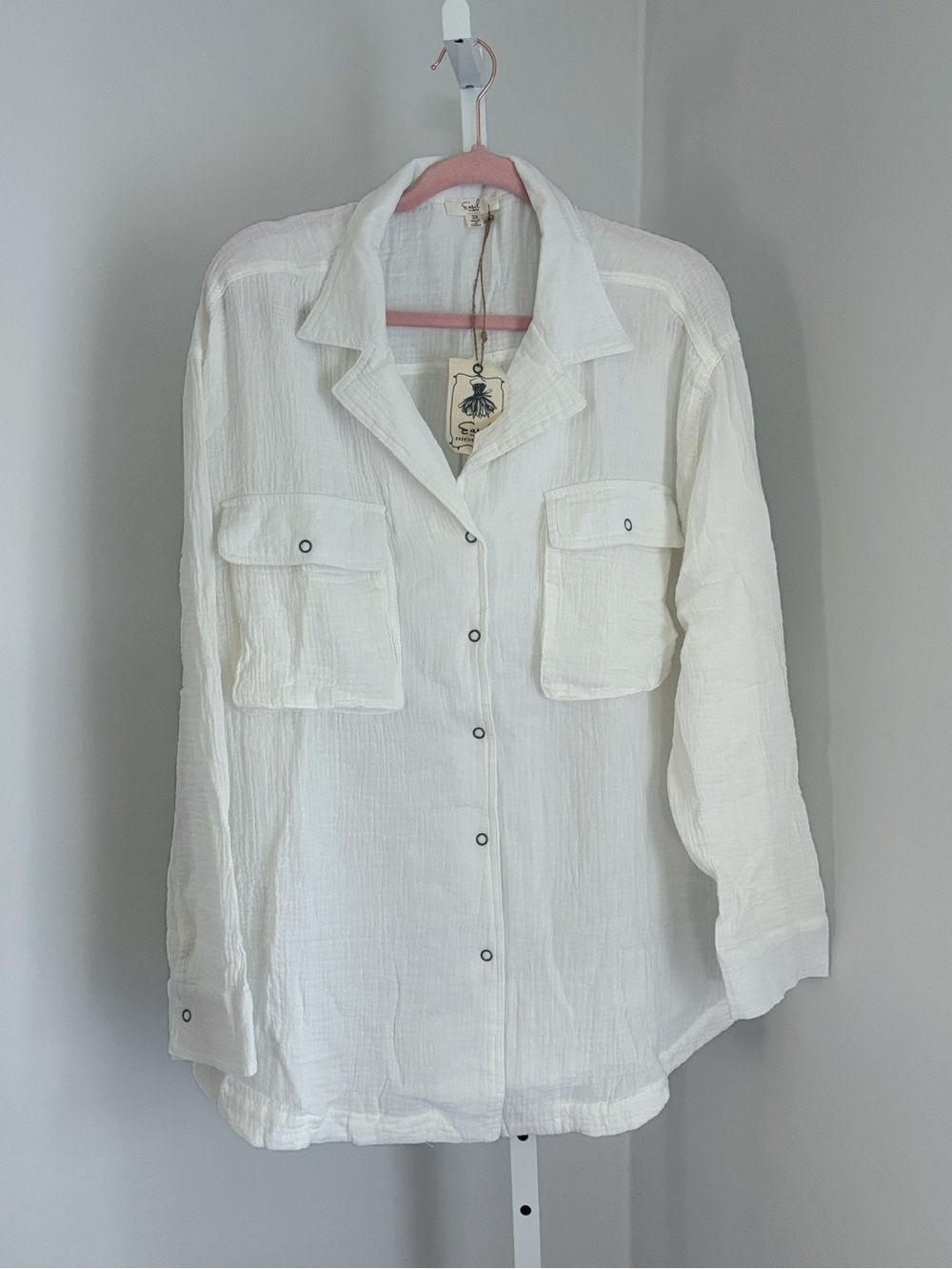easel Cotton Gauze White Textured Button-Front Shirt Large Patch Pockets Size 3X